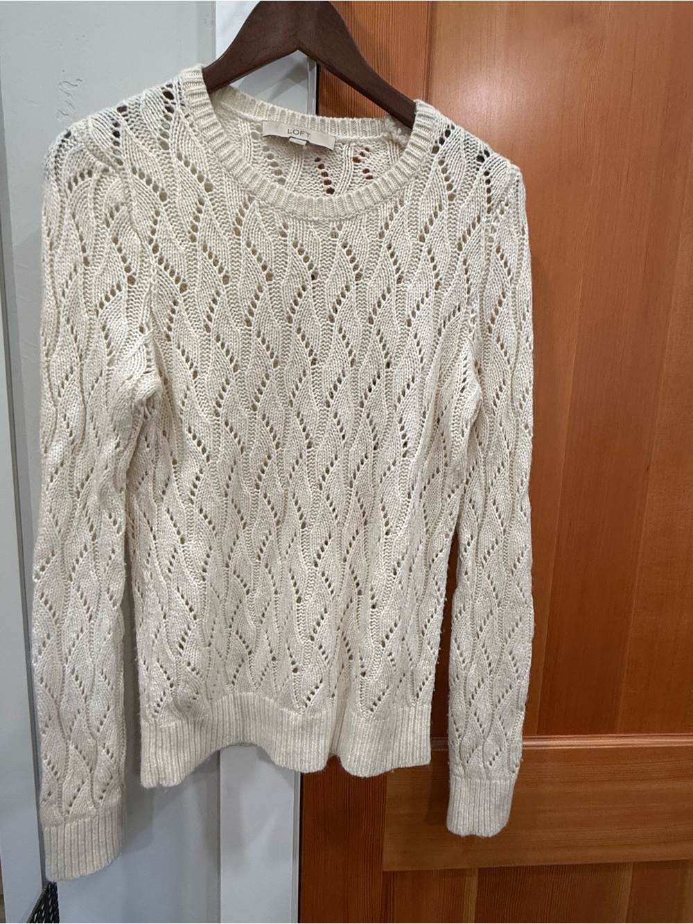 LOFT Cream Openwork Crewneck Sweater